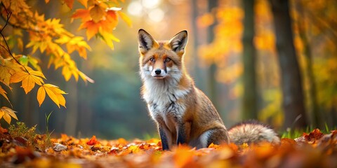 Fototapeta premium A solitary fox sits amidst a carpet of fallen leaves, the warm autumn sunlight filtering through the trees, casting an ethereal glow on the scene.