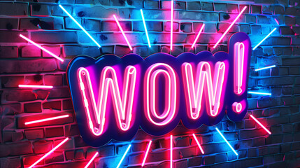 Neon "WOW!" sign with pink and blue glowing rays on a brick wall