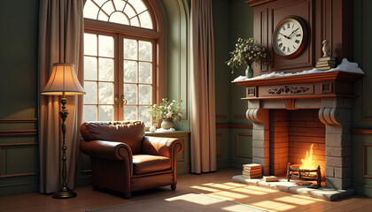 Cozy living room with fireplace and armchairs at sunset
