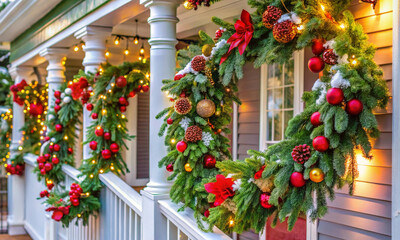 Fototapeta premium A festive garland of twigs and toys decorates the porch of the house