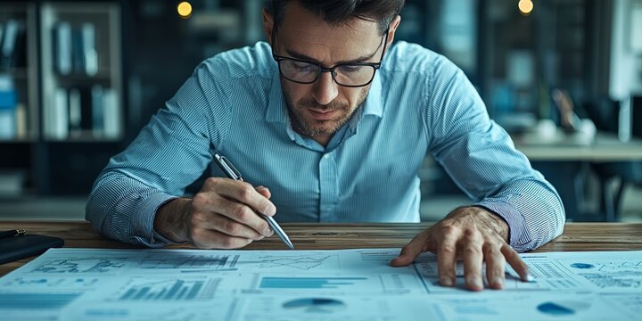 An actuary analyzing financial risk data in a sleek, professional office, surrounded by charts and models