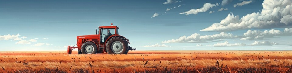 Obraz premium Powerful tractor at work, turning over soil on a vast farmland under a clear sky