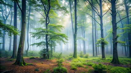 Fototapeta premium Sunbeams illuminate the misty woodland, dappling the forest floor with ethereal light, creating a serene and tranquil atmosphere.