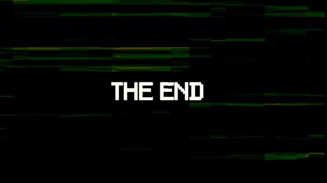 The end text animation with glitch effect on black background. 4k Video