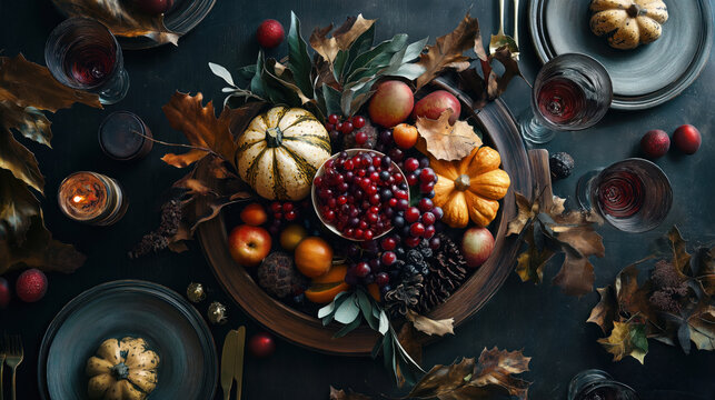 seasonal still life with christmas decorations harvest thanksgiving table of food display autumn moody sophisticated presentation of gourds berries apples dried fall leaves holiday wallpaper backdrop
