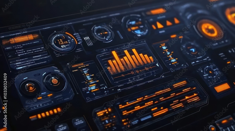Poster futuristic interface with orange and blue data displays