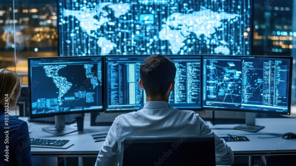 Poster Man Looking at Computer Screens Showing Global Network Data