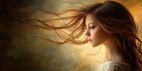 Naklejka premium A woman with long flowing hair, looking away.