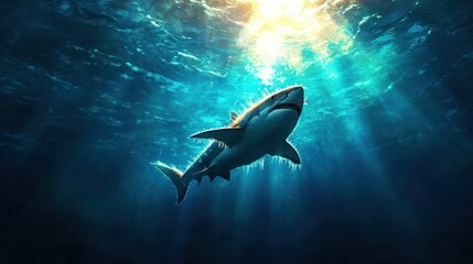 Fototapeta premium Shark swimming elegantly in sunlit ocean depths with serene blue water.