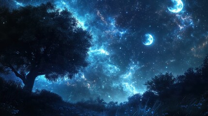 Fototapeta premium Silhouetted trees under a starry sky.