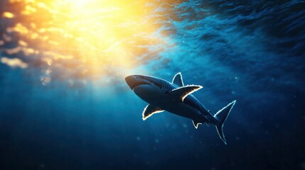 Obraz premium Shark swimming gracefully in sunlit underwater environment.