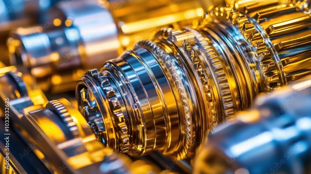 Poster close-up of a shiny metal gear system with precisely machined parts