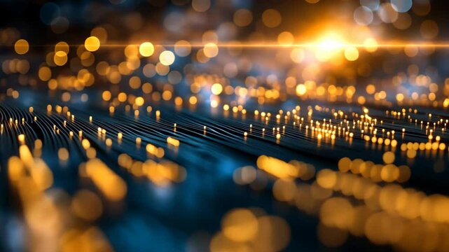 digital technology theme abstract background, gold light threads endless line glowing on dark 