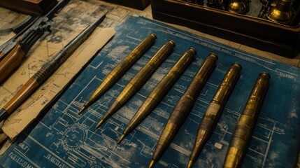 Brass Bullet Casings Laying on Blueprints