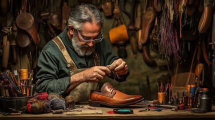 A skilled cobbler working meticulously on a leather shoe, surrounded by tools, colorful threads, and materials, showcasing the craftsmanship of traditional shoemaking