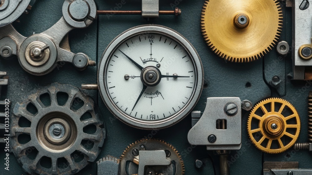 Poster Close-up of an intricate vintage clock mechanism with gears and a gauge