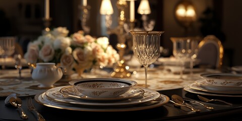 Fototapeta premium Elegant dinnerware set with gold accents.
