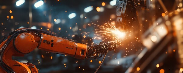 Advanced Robotic Arm in Industrial Setting with Sparks Flying from Welding Process