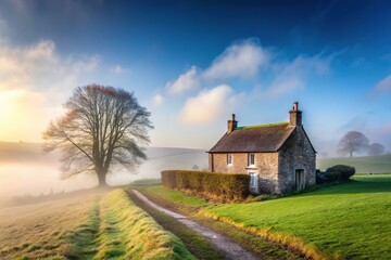 Obraz premium English landscape cottage with mist