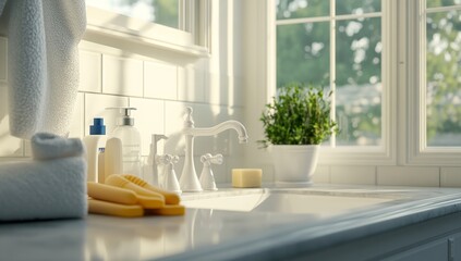 Fototapeta premium A white bathroom sink with a white towel, soap, and hand soap. There is a plant next to the sink and a window behind it with a view of green foliage.