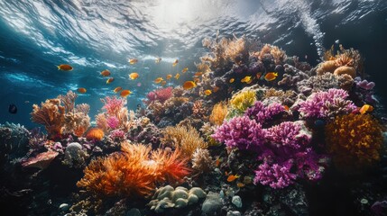 Colorful coral reef with fish swimming by.