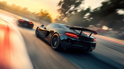Black sports car speeding on a race track.
