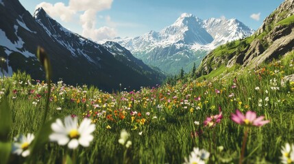 An overhead perspective of a lush meadow in the Alps, dotted with bright wildflowers, framed by snow-capped mountains and a clear blue sky.