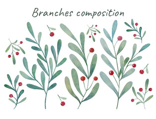 Elegant Watercolor Botanical green vintage composition of twigs and berries on a white background. Designer elements branches and berries. botanical design elements.