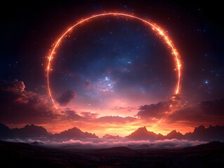 A brightly colored glowing ring floating in the middle of a cloud of smoke gives a sense of mystery and supernatural energy. It can be used as a symbol of creativity or novelty in design or marketing.