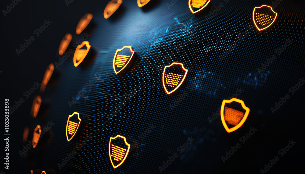 Poster a digital network featuring glowing shields, symbolizing cybersecurity and protection across interco