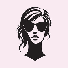 woman head logo with sunglasses silhouette vector icon black and white