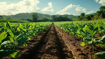 Green tobacco plants growing in rows.