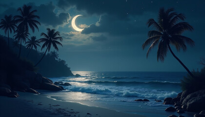 Tropical beach at night under a full moon with palm trees