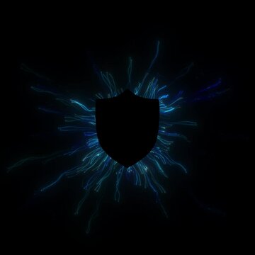 Dynamic motion graphic of black shield surrounded by shimmering blue data streams. Represents protection, security, and digital networks. Ideal for tech-themed projects.