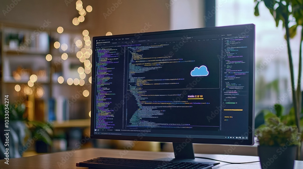 Poster computer screen with coding and cloud icon