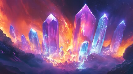 Vibrant Crystal Cluster - Glowing Purple, Blue, and Orange Translucent Gems in a Surreal Light Display