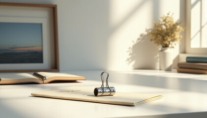 Fototapeta premium Minimalist home office with soft sunlight streaming through a window