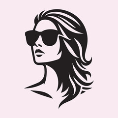 woman head logo with sunglasses silhouette vector icon black and white