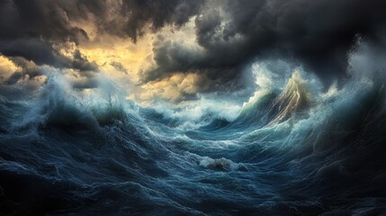 Fototapeta premium Stormy ocean waves crashing under dark clouds.