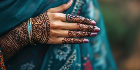 A woman's hand with intricate henna designs.