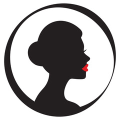 Black logo silhouette of a woman with red lips. Vector icon for beauty business