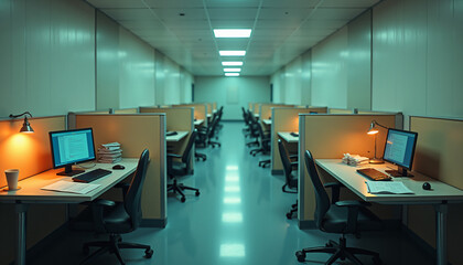 Office space with rows of empty desks under fluorescent lighting