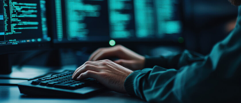 A person types on a keyboard surrounded by computer screens displaying coding and data, emphasizing technology and programming.