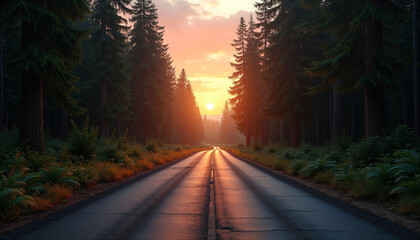 Obraz premium Sunset over a long road lined with tall trees