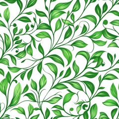 Lush Green Leafy Seamless Pattern with Curved Vines and Foliage on White Background, Botanical Nature Design