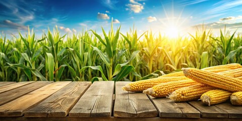 Fresh corn on wooden table in corn field garden panoramic