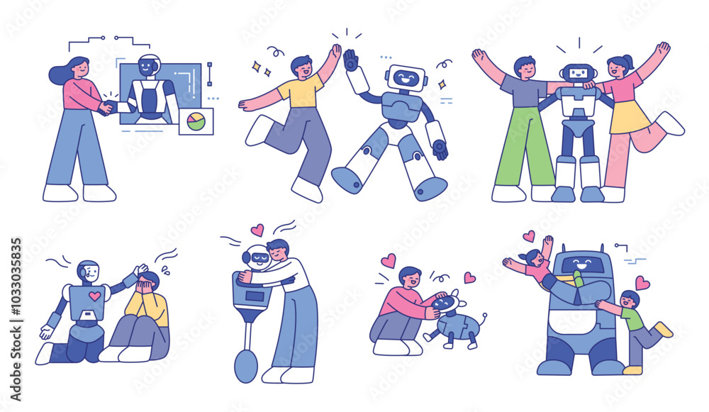 Poster robots are getting closer to people. robots are helping people by becoming friends and family. outli