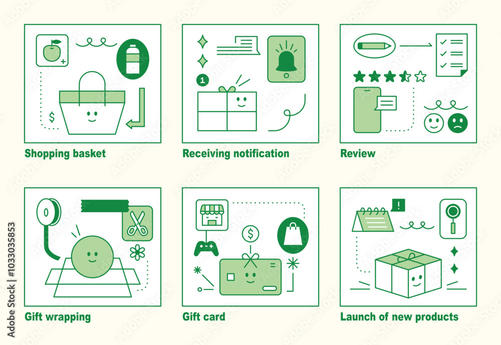 Poster guide description icon concept design for shopping site. simple line style illustration. set2