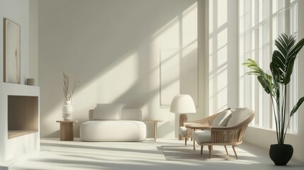 Fototapeta premium Minimalist living room with white furniture and plant.