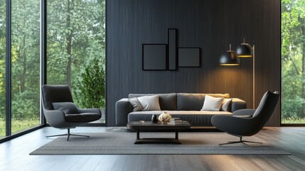Modern living room with gray couch and rug.